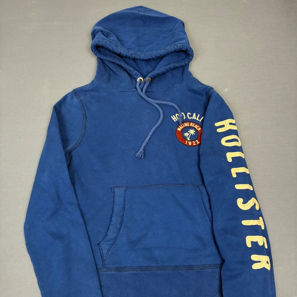 Y2K Hollister Malibu Beach Sleeve Spellout Blue Pullover Hoodie Mens Size Medium